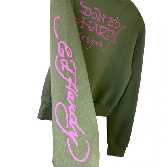 Ed Hardy - Women’s Y2k Graphic-Print Sweatshirt, Cropped, ‘Tattoo’ - Green Small - Picture 8 of 16
